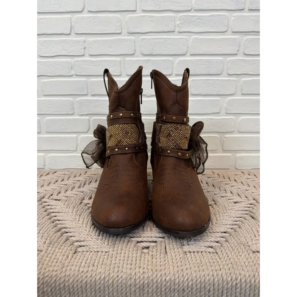 Not Rated Western Beaded Ankle Booties Brown Studded Wedge 10M